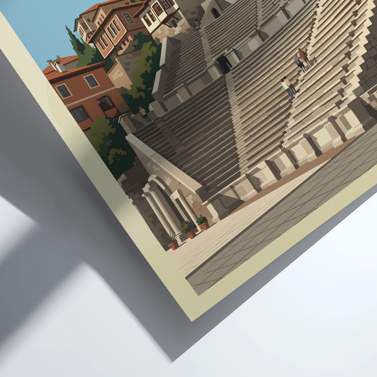 Poster of Plovdiv Bulgaria featuring an ancient Roman theatre beneath historic hillside houses.