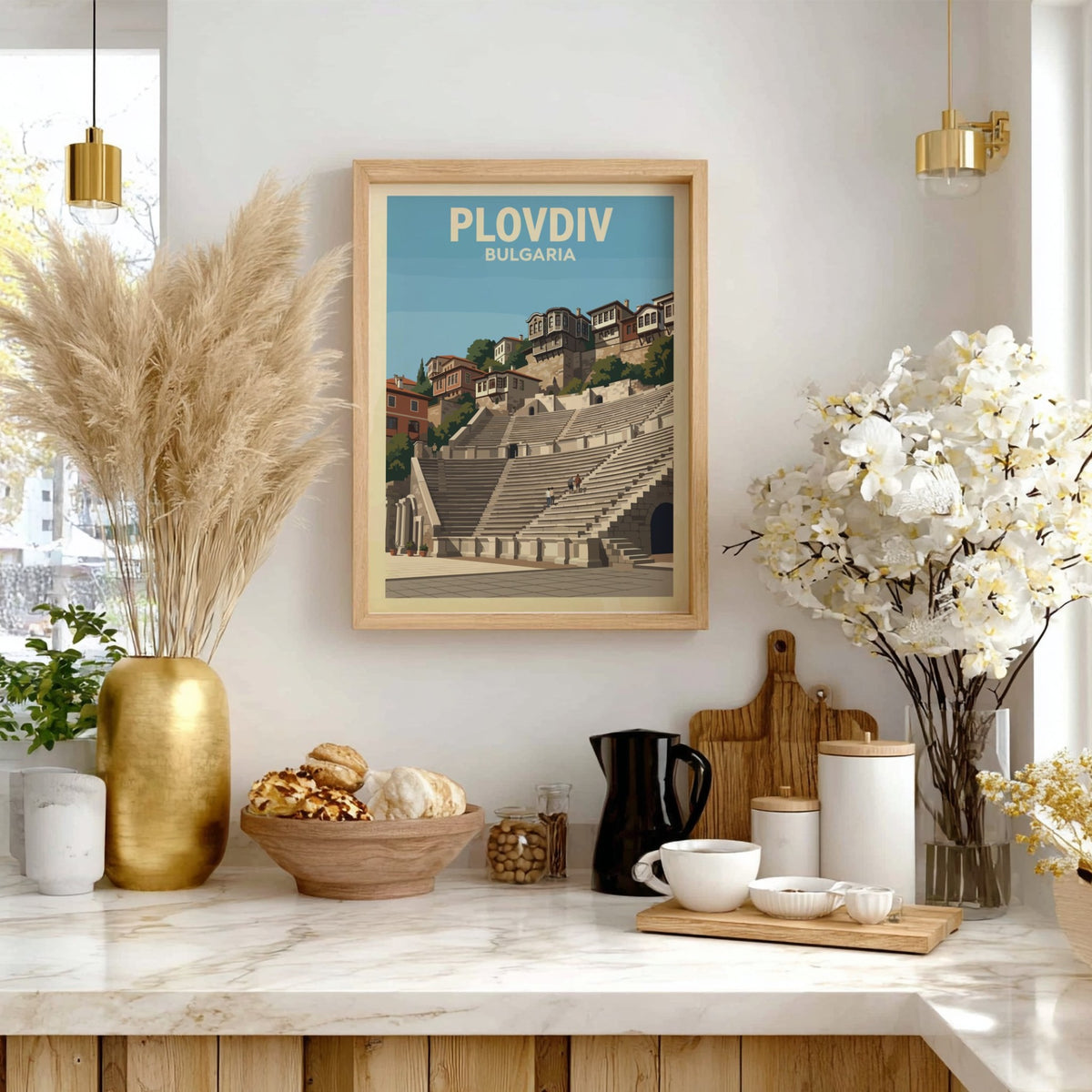 Poster of Plovdiv Bulgaria featuring an ancient Roman theatre beneath historic hillside houses.