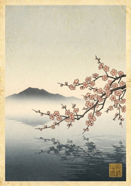 Japanese art style poster featuring pink plum blossoms over a tranquil lake with misty mountains