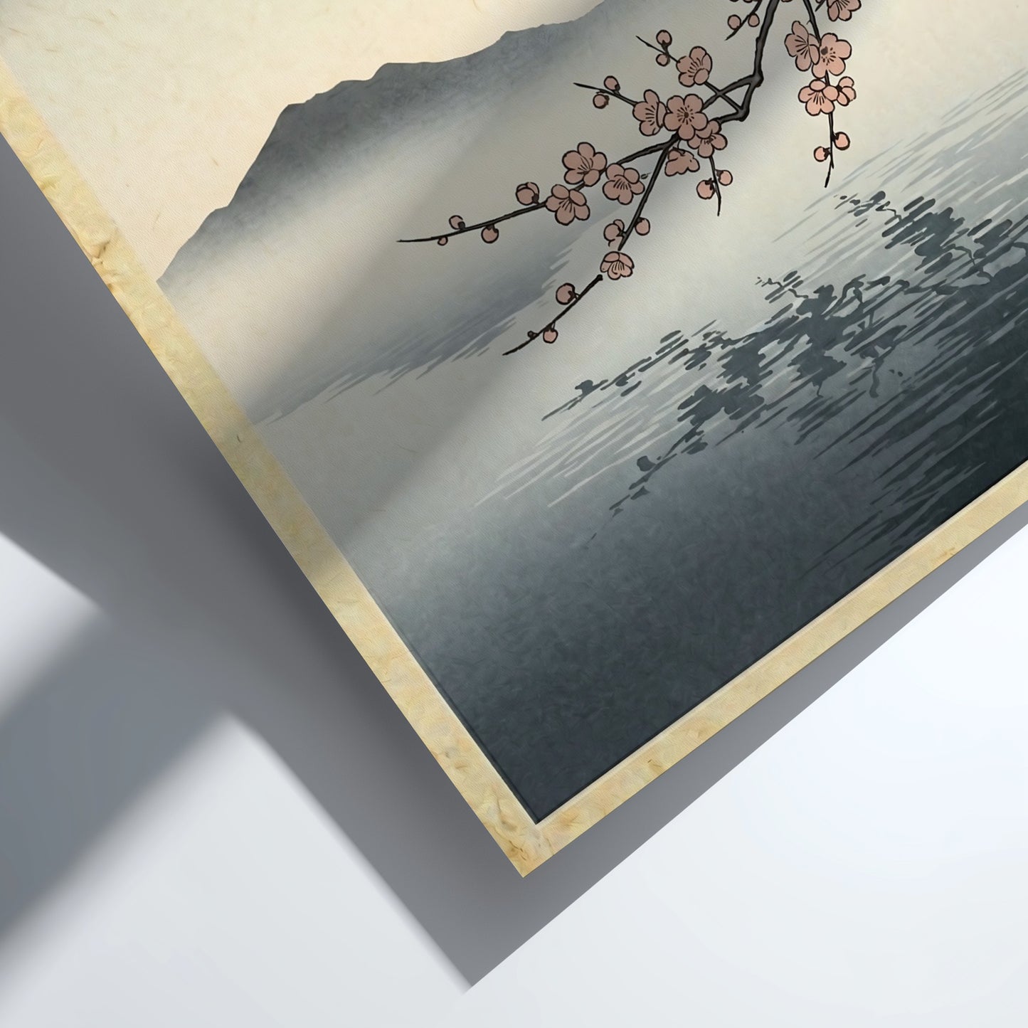 Japanese art style poster featuring pink plum blossoms over a tranquil lake with misty mountains
