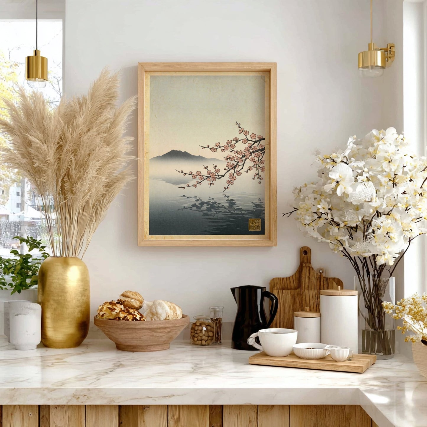 Japanese art style poster featuring pink plum blossoms over a tranquil lake with misty mountains