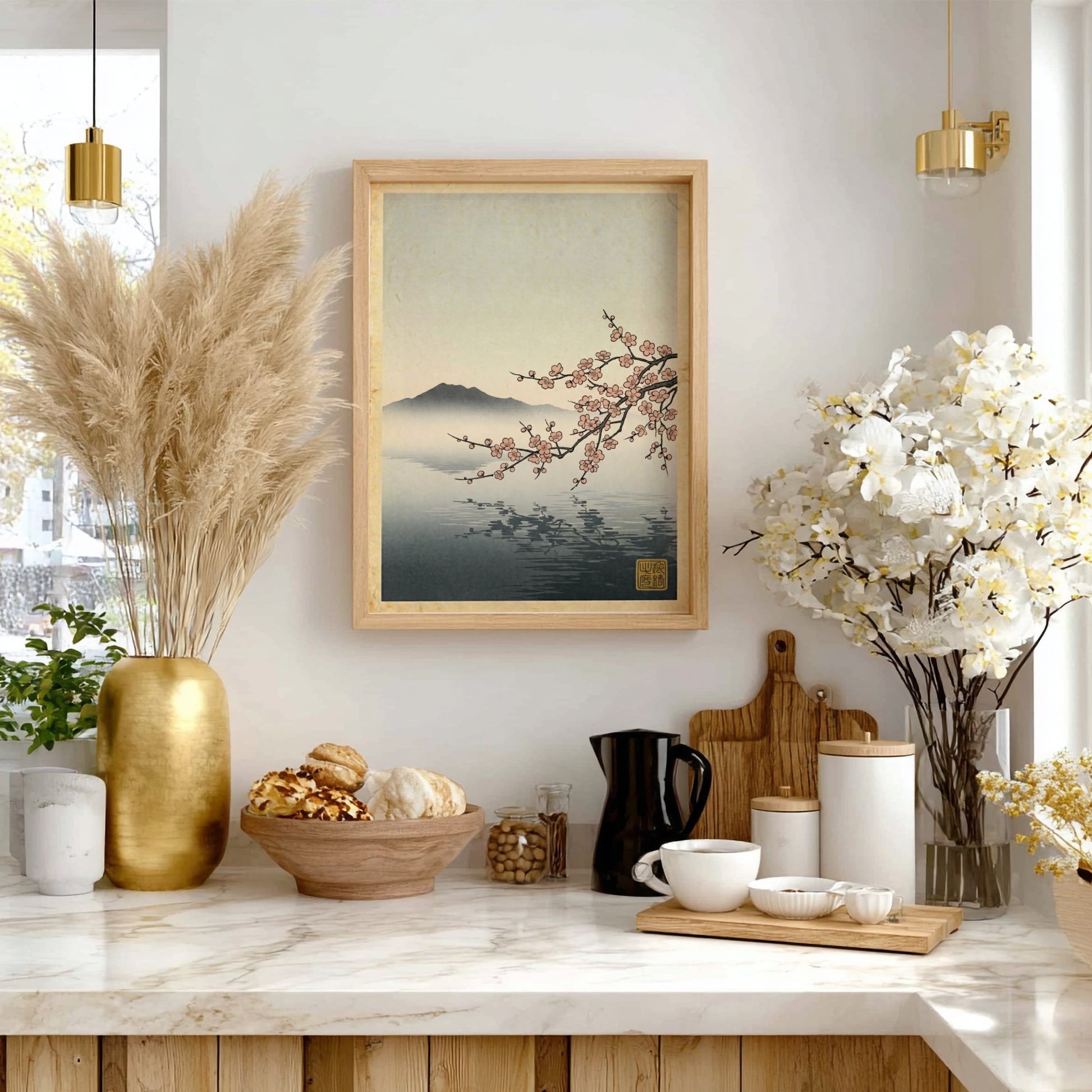 Japanese art style poster featuring pink plum blossoms over a tranquil lake with misty mountains