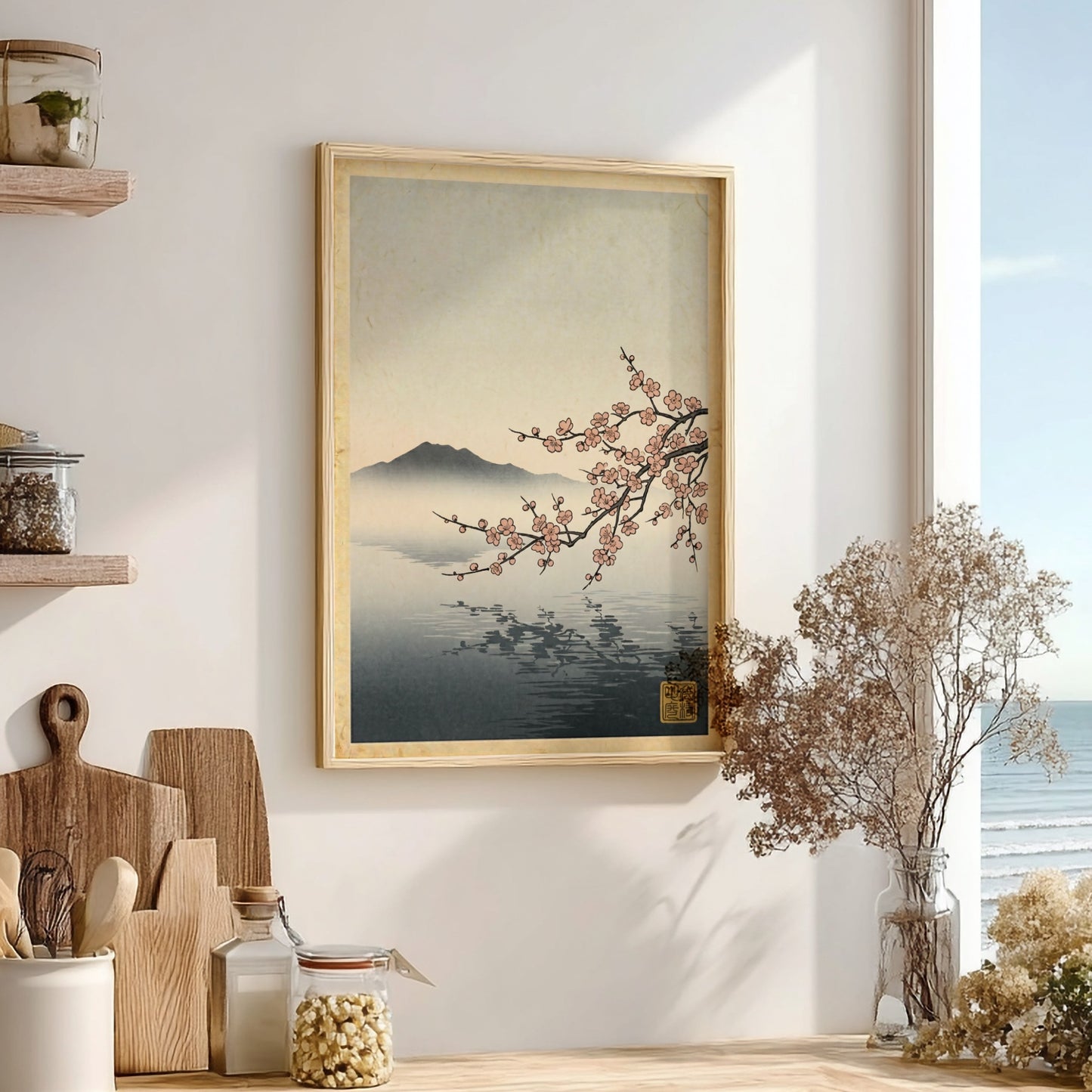 Japanese art style poster featuring pink plum blossoms over a tranquil lake with misty mountains