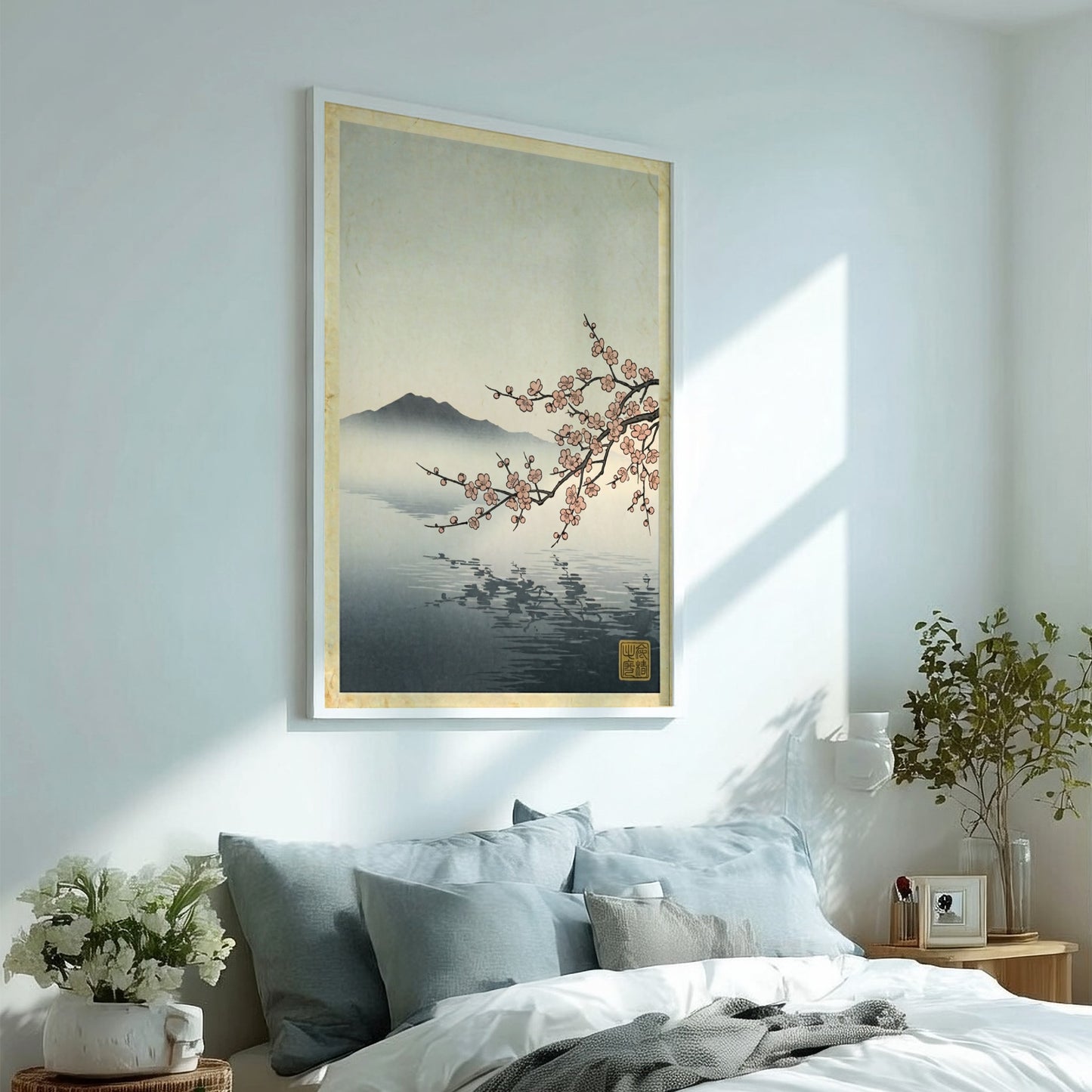 Japanese art style poster featuring pink plum blossoms over a tranquil lake with misty mountains