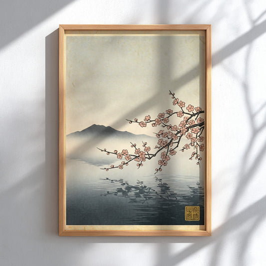 Japanese art style poster featuring pink plum blossoms over a tranquil lake with misty mountains