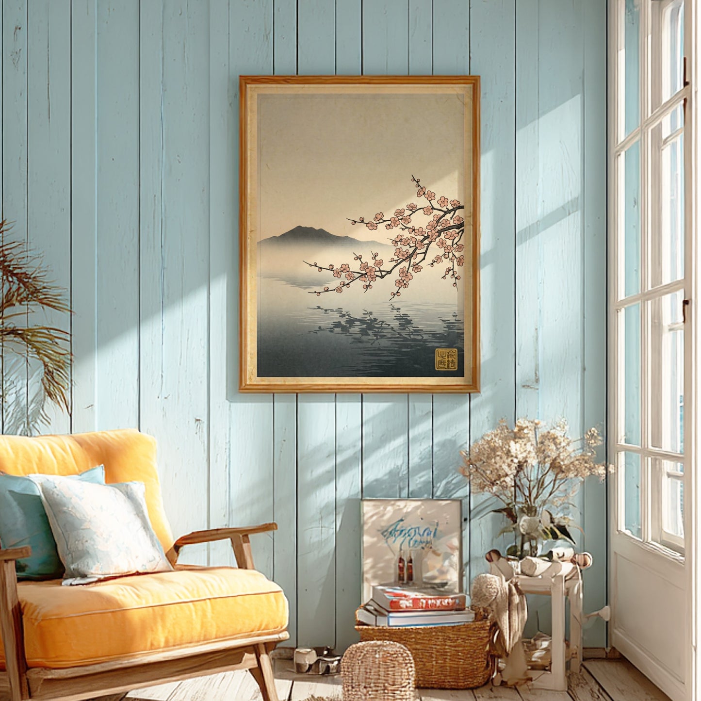 Japanese art style poster featuring pink plum blossoms over a tranquil lake with misty mountains