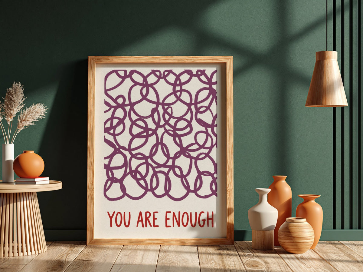 Motivational poster featuring deep plum hand-drawn loops and the text You Are Enough