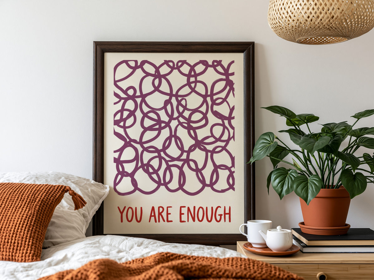 Motivational poster featuring deep plum hand-drawn loops and the text You Are Enough