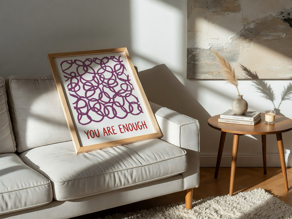 Motivational poster featuring deep plum hand-drawn loops and the text You Are Enough