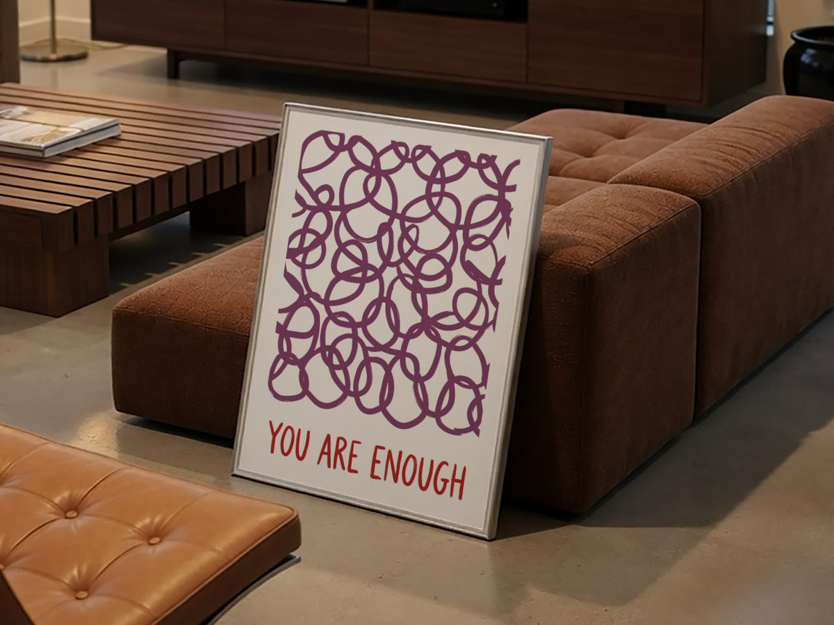 Motivational poster featuring deep plum hand-drawn loops and the text You Are Enough