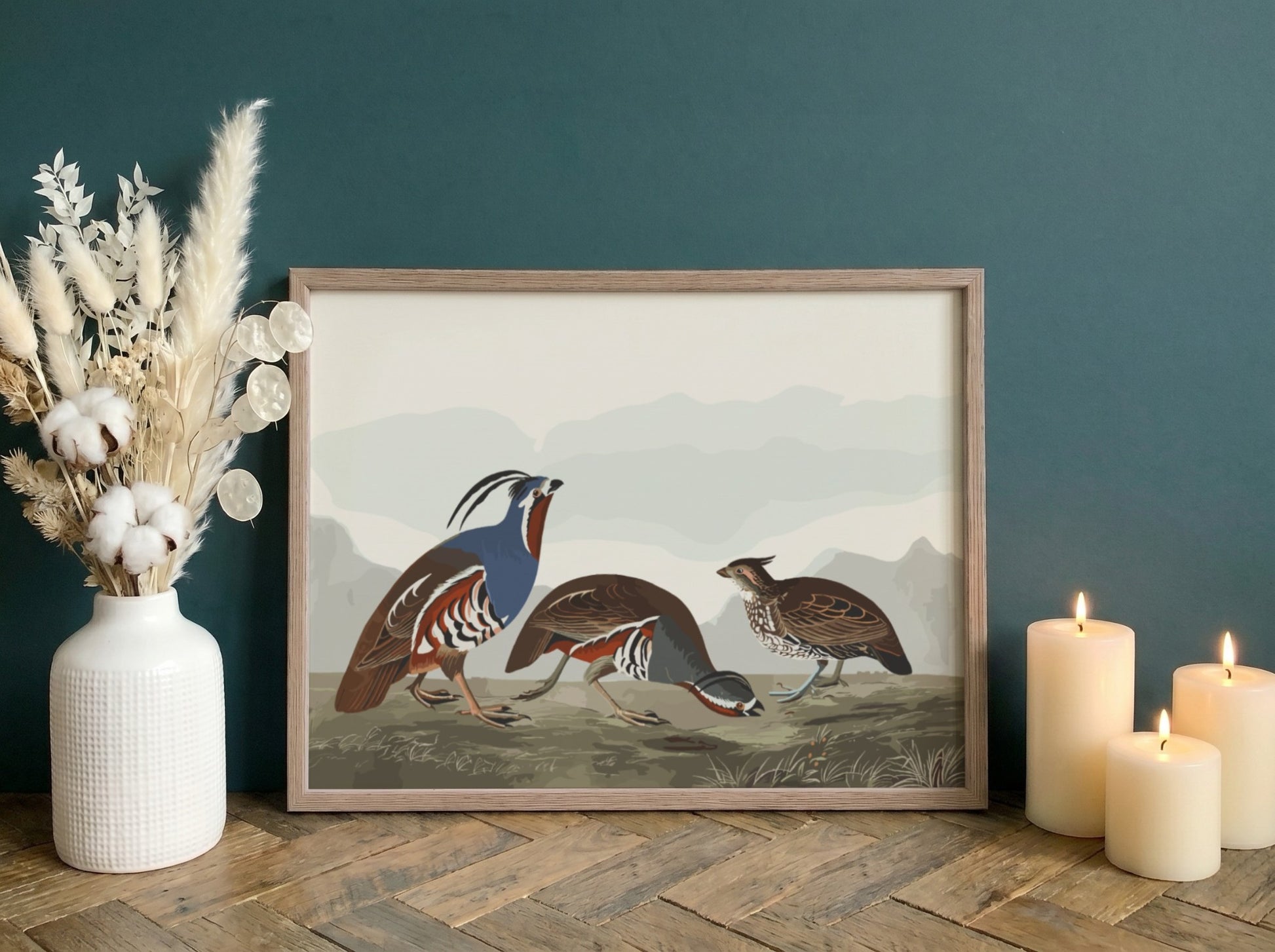 Nature wall art poster featuring plumed partridge and thick-legged partridge in earthy tones and intricate