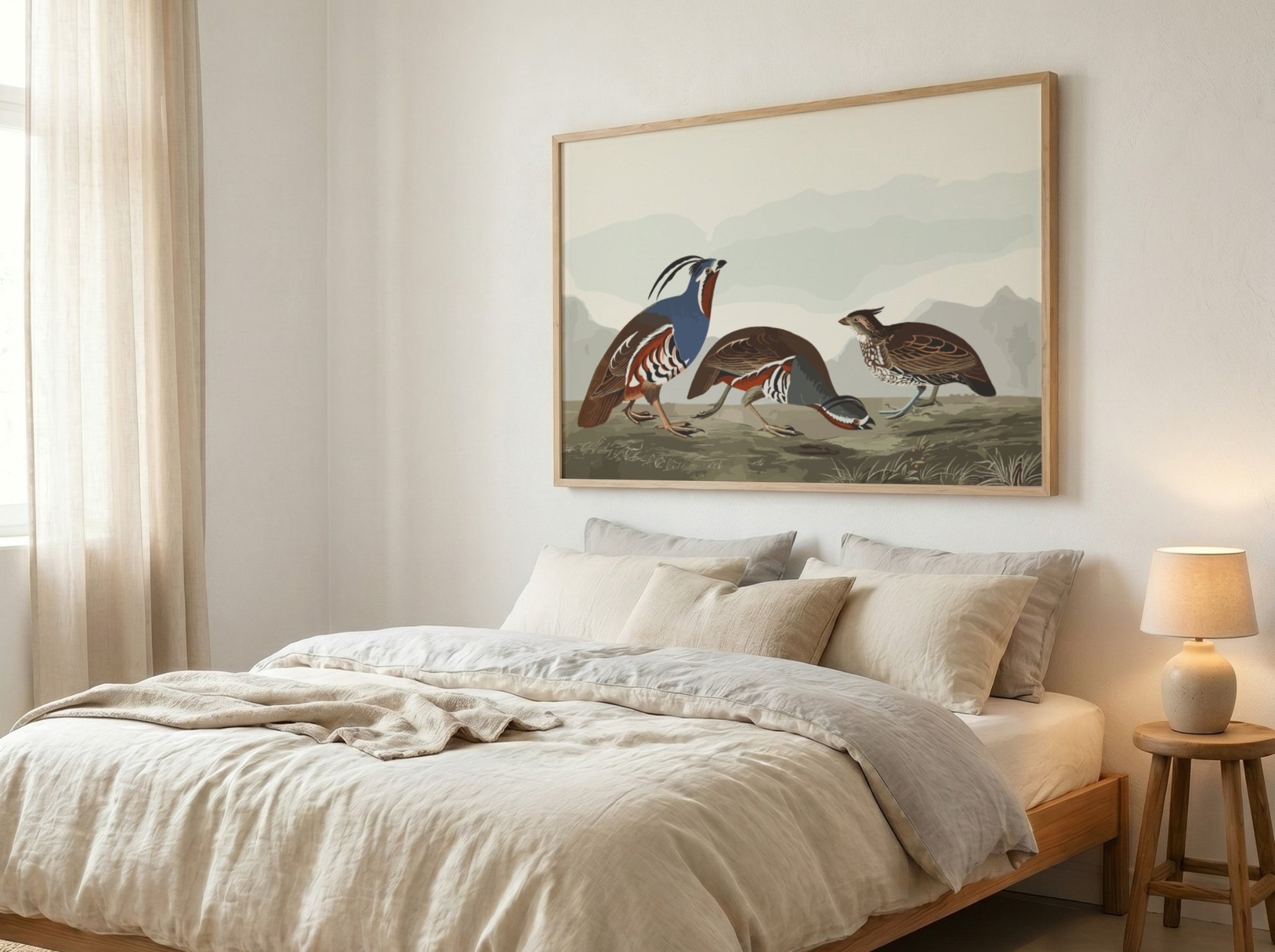 Nature wall art poster featuring plumed partridge and thick-legged partridge in earthy tones and intricate