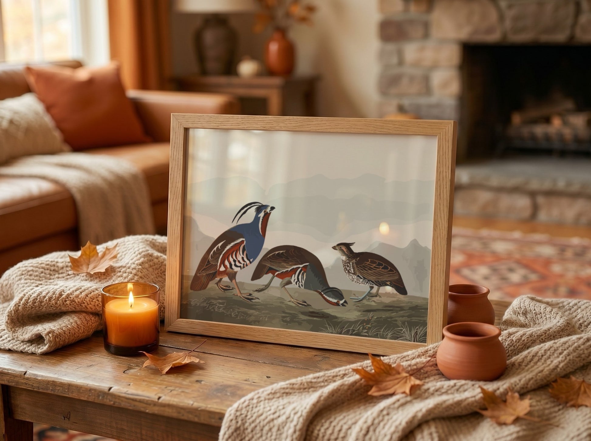 Nature wall art poster featuring plumed partridge and thick-legged partridge in earthy tones and intricate