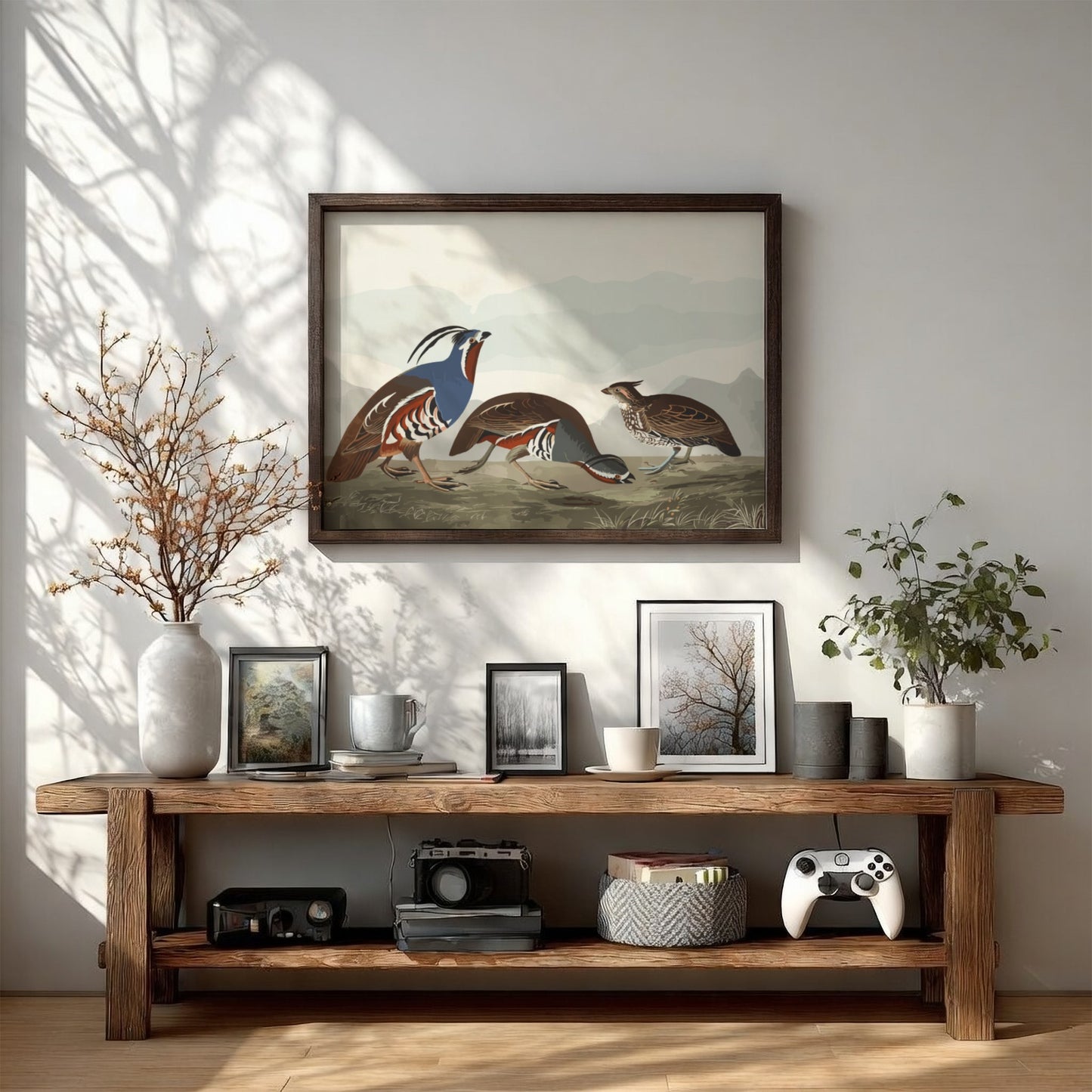 Nature wall art poster featuring plumed partridge and thick-legged partridge in earthy tones and intricate