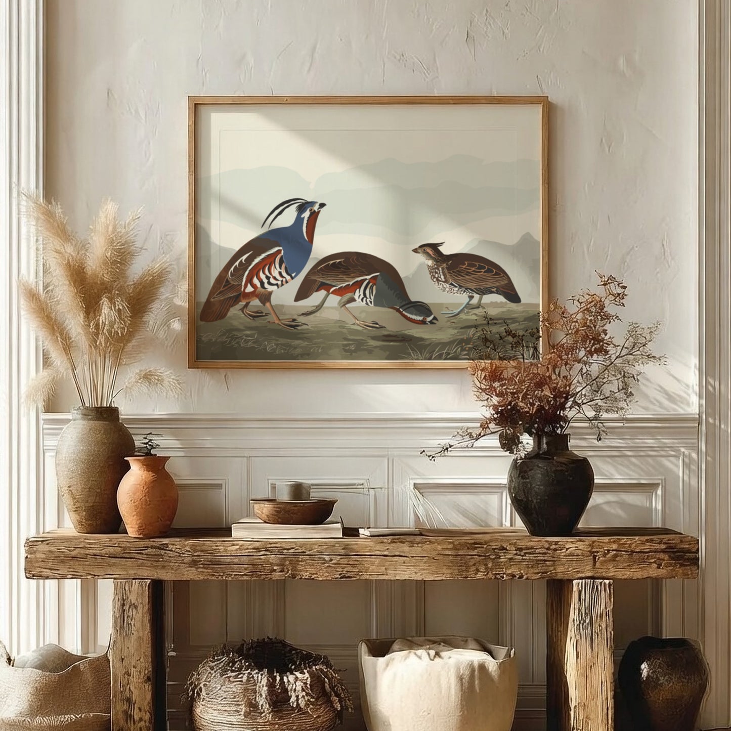 Nature wall art poster featuring plumed partridge and thick-legged partridge in earthy tones and intricate