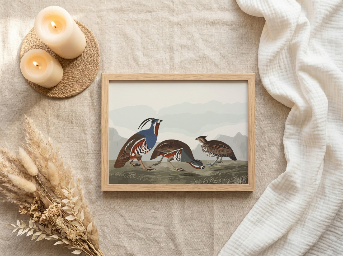 Nature wall art poster featuring plumed partridge and thick-legged partridge in earthy tones and intricate