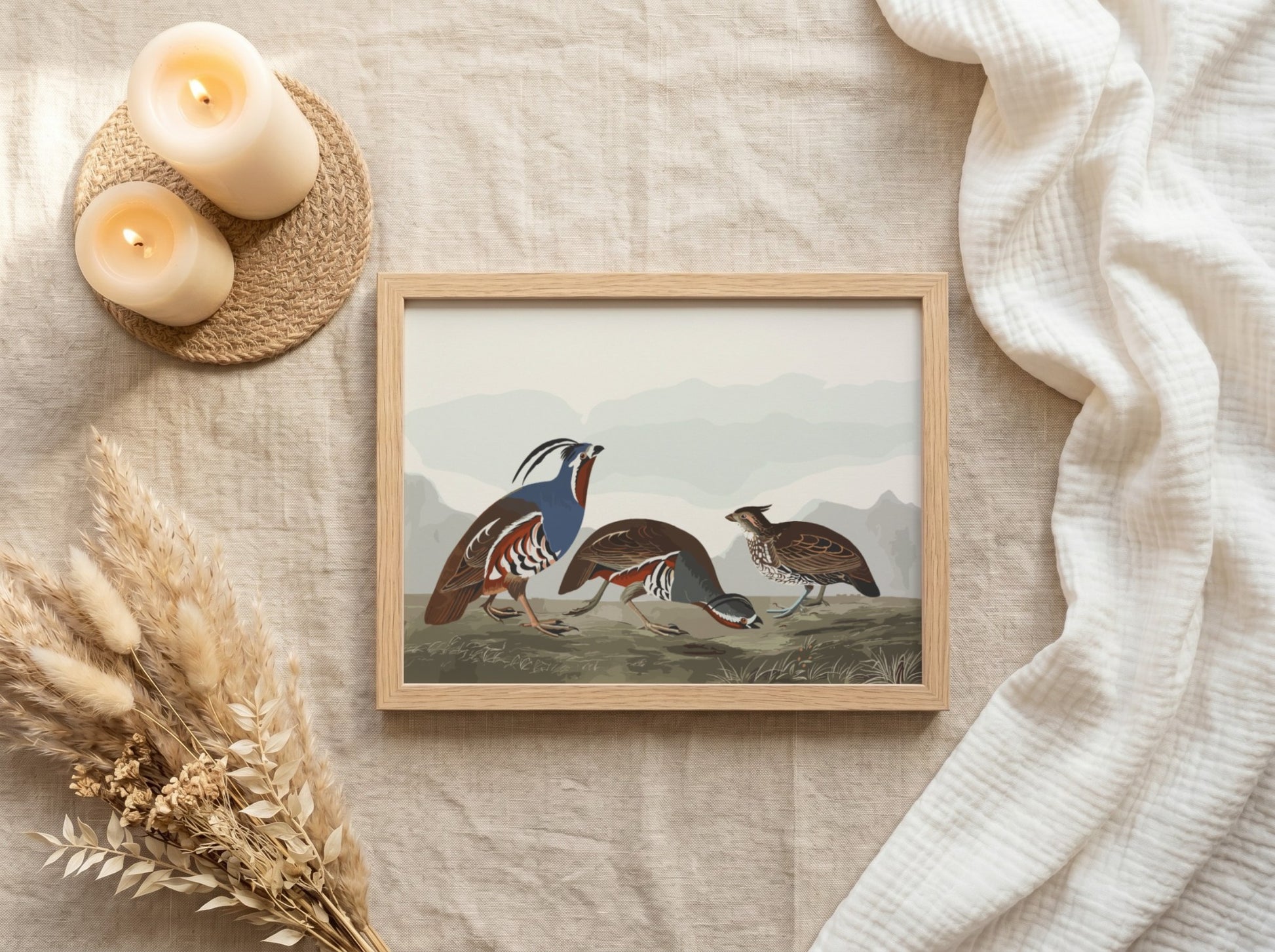 Nature wall art poster featuring plumed partridge and thick-legged partridge in earthy tones and intricate