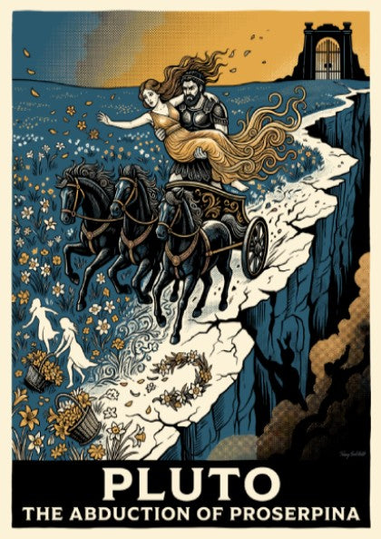 Poster featuring Pluto driving a chariot with Proserpina in a blue and gold palette.