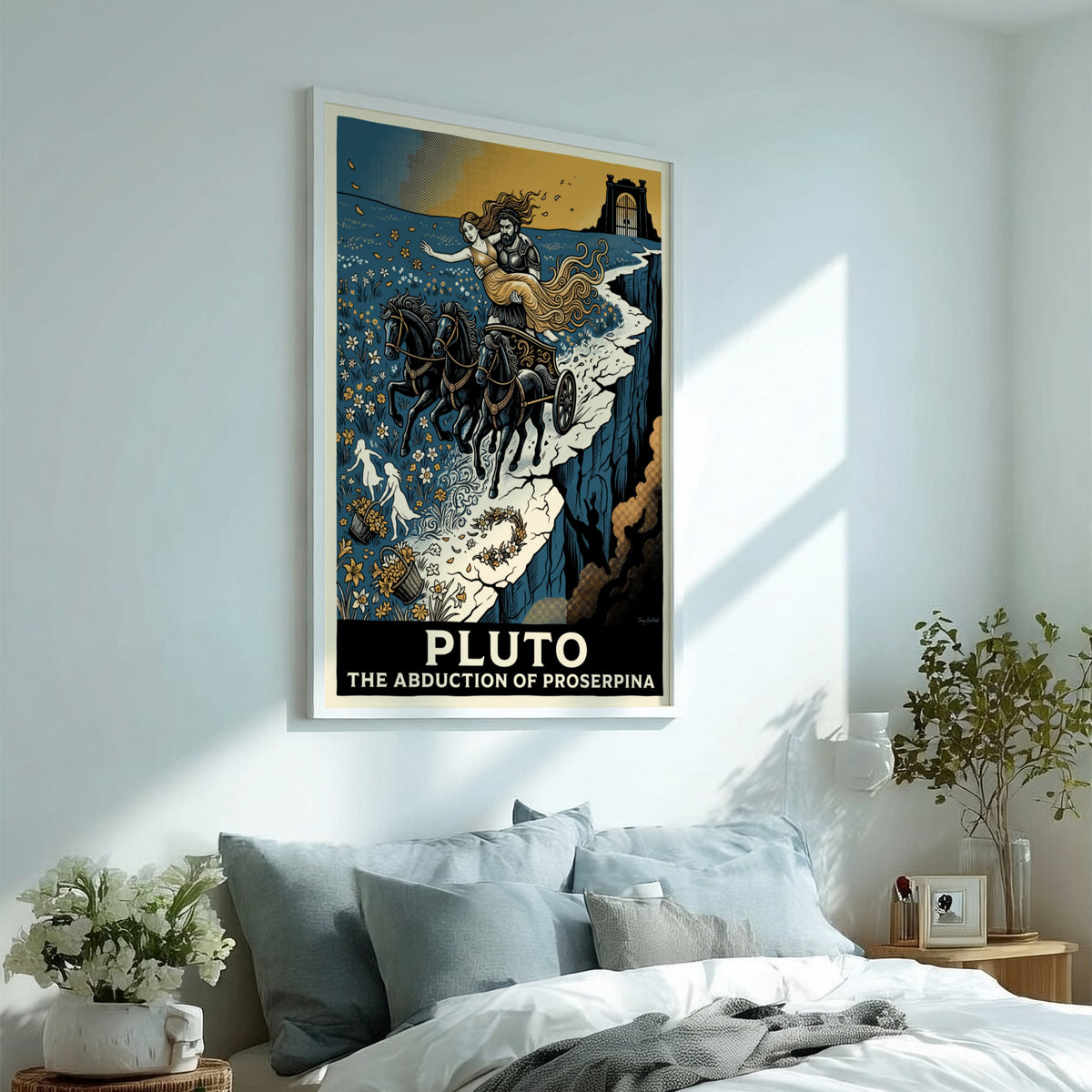 Poster featuring Pluto driving a chariot with Proserpina in a blue and gold palette.
