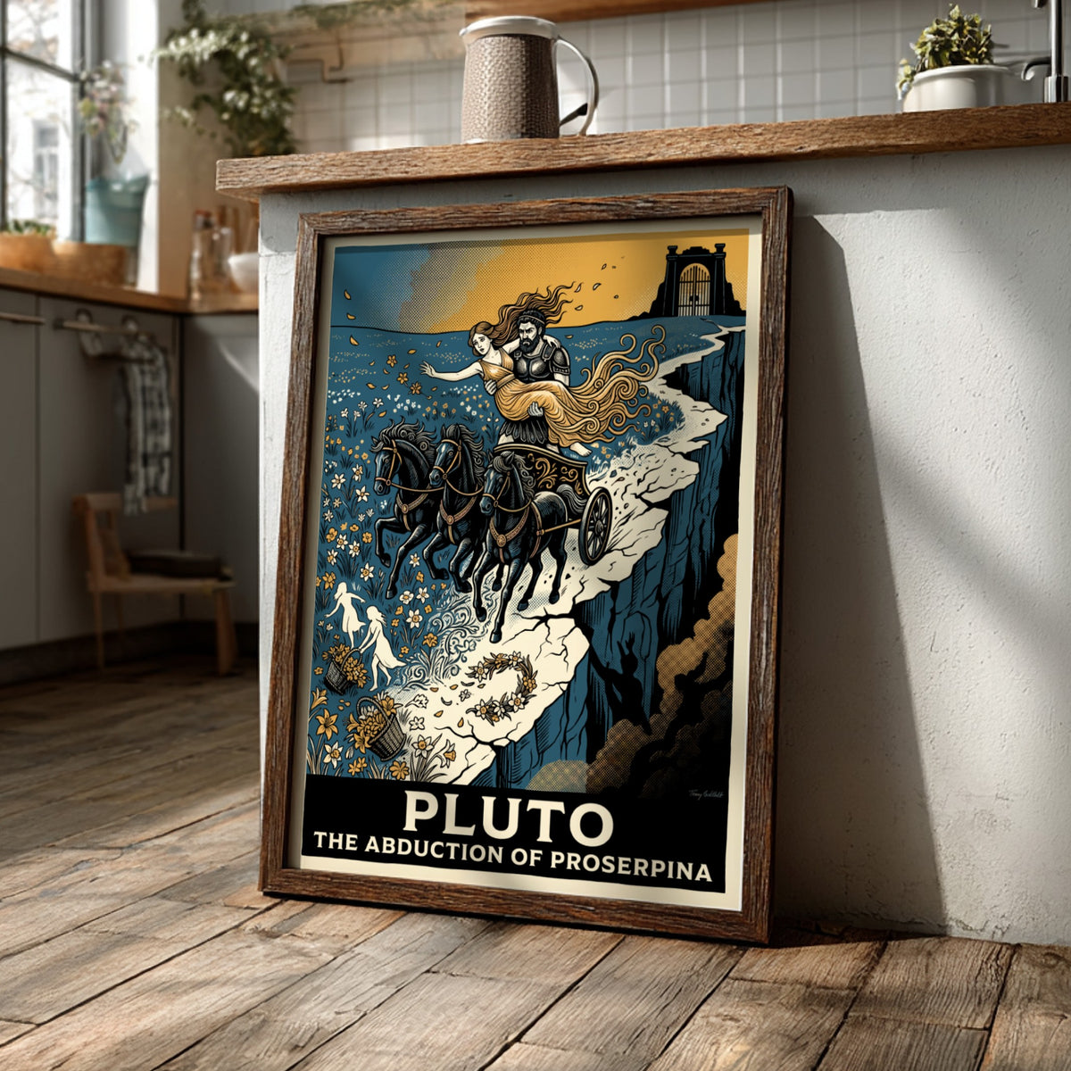 Poster featuring Pluto driving a chariot with Proserpina in a blue and gold palette.