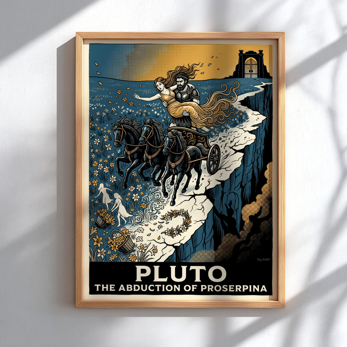 Poster featuring Pluto driving a chariot with Proserpina in a blue and gold palette.