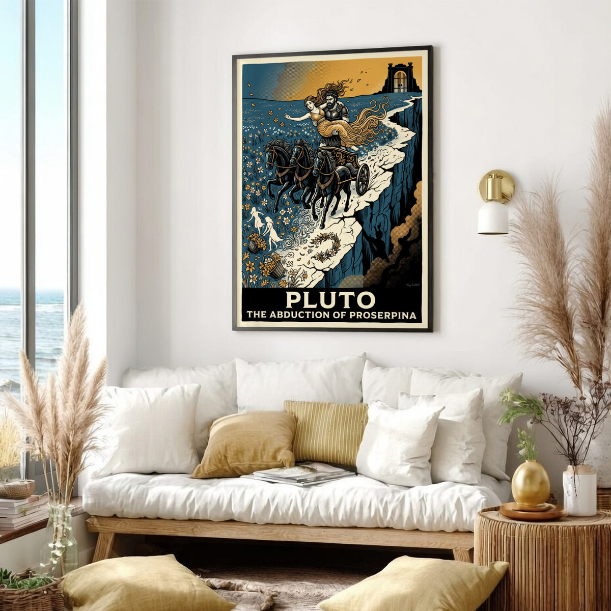Poster featuring Pluto driving a chariot with Proserpina in a blue and gold palette.