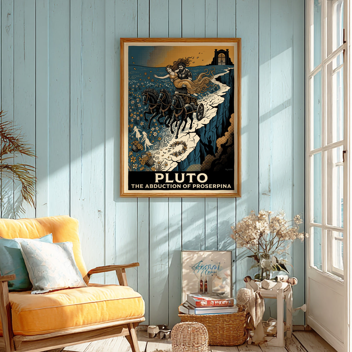 Poster featuring Pluto driving a chariot with Proserpina in a blue and gold palette.