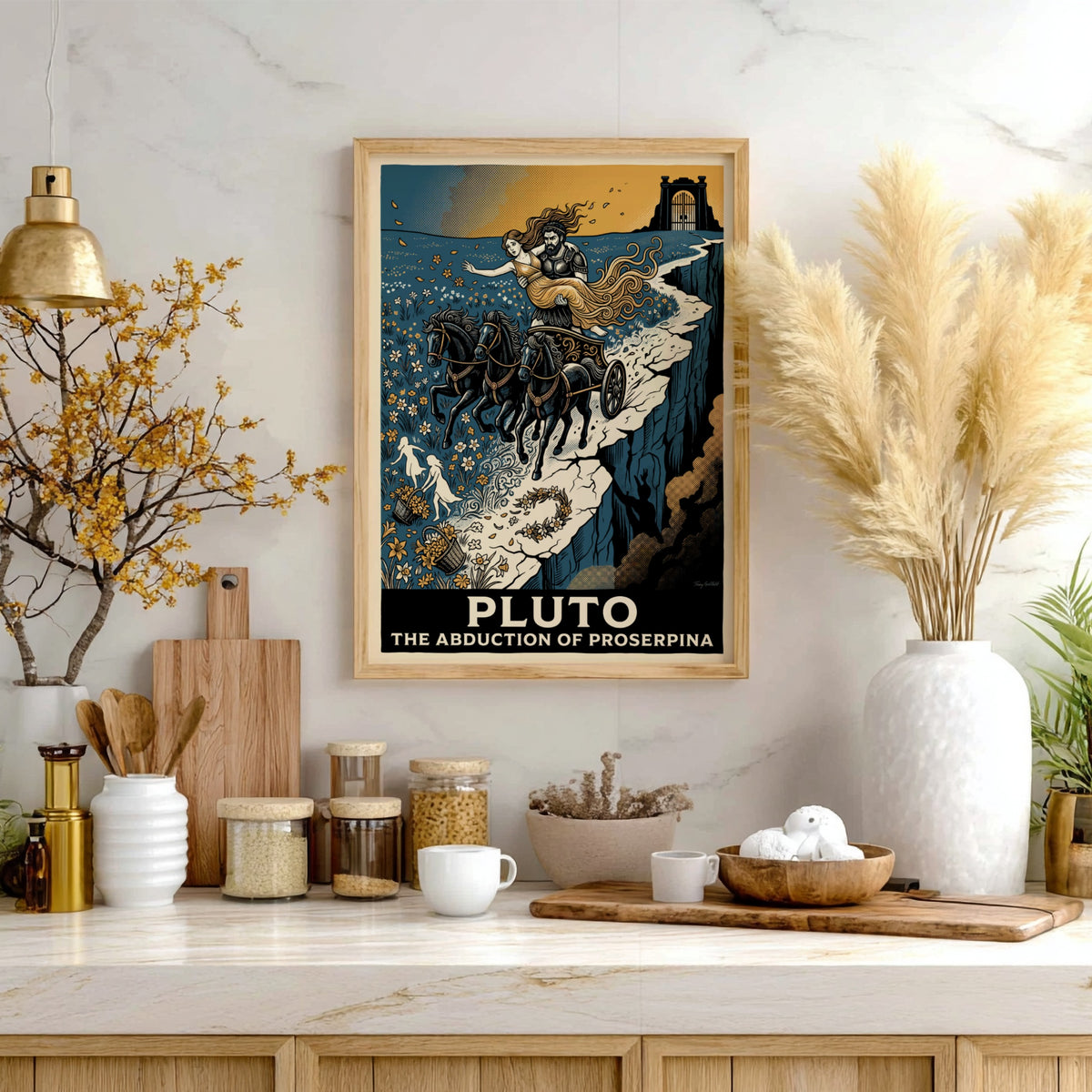 Poster featuring Pluto driving a chariot with Proserpina in a blue and gold palette.