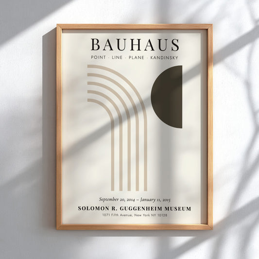 Bauhaus poster featuring abstract geometric shapes in muted colors, perfect for modern home decor.