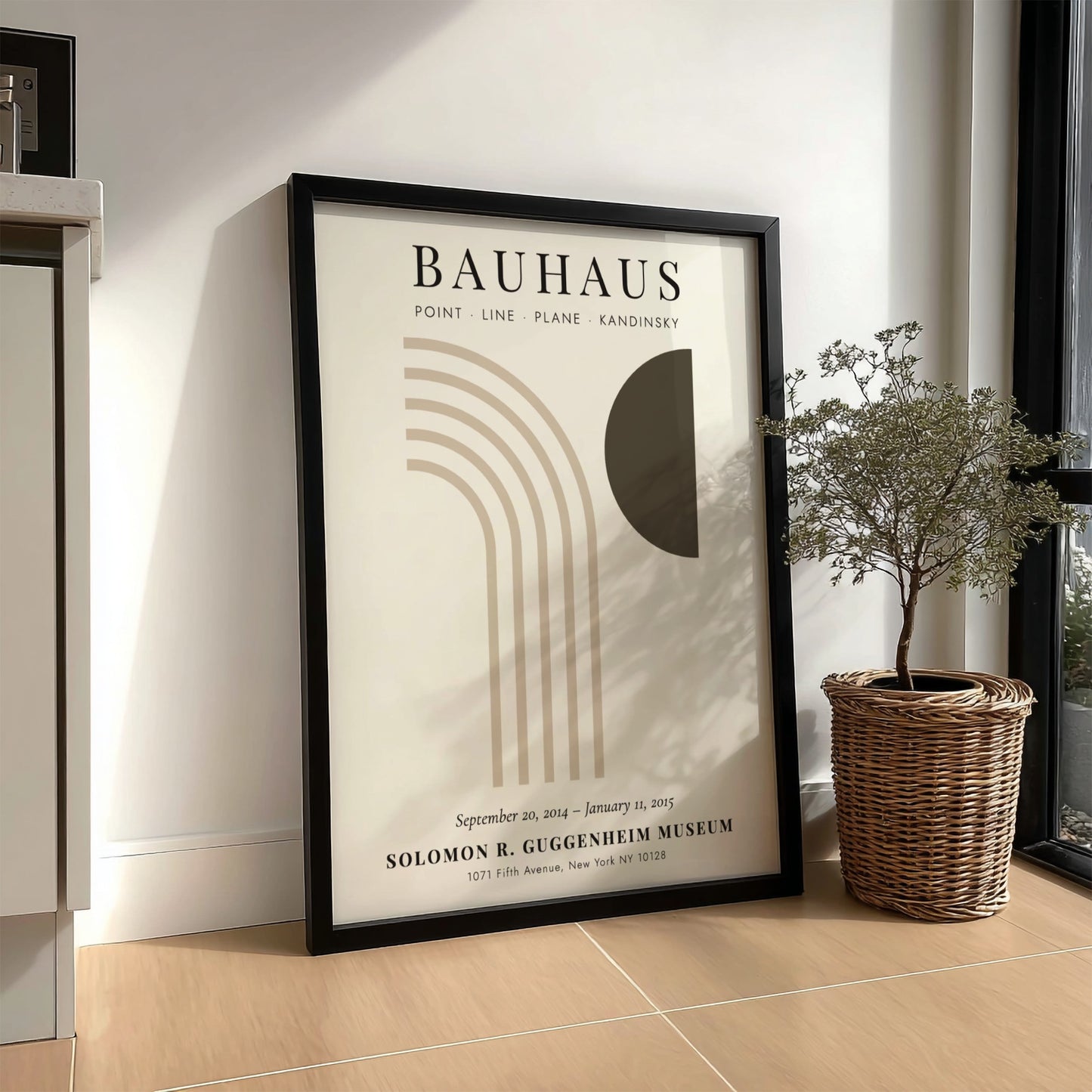 Bauhaus poster featuring abstract geometric shapes in muted colors, perfect for modern home decor.