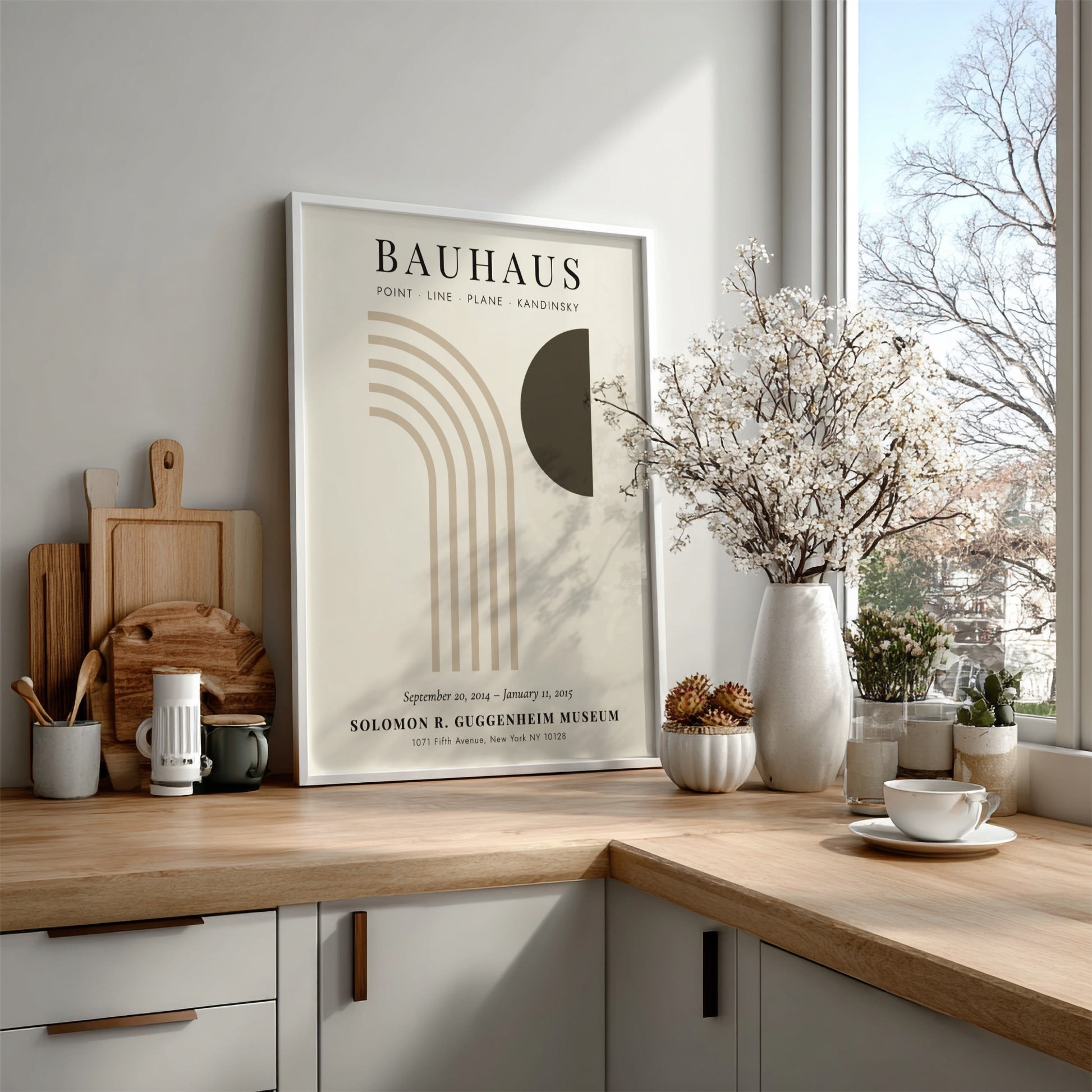 Bauhaus poster featuring abstract geometric shapes in muted colors, perfect for modern home decor.