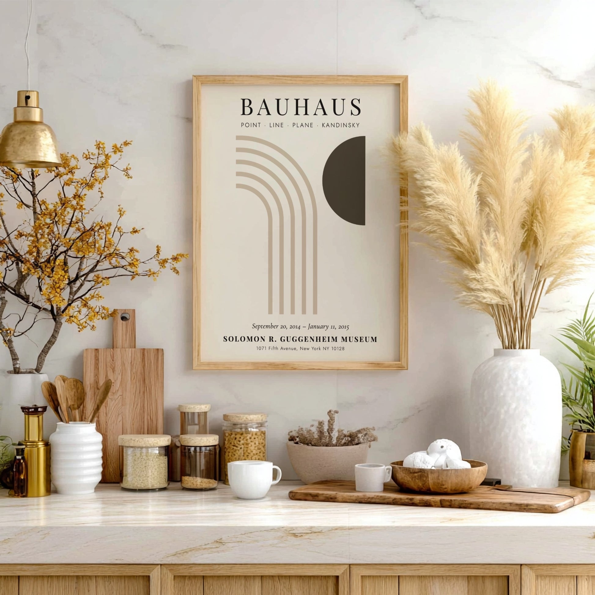 Bauhaus poster featuring abstract geometric shapes in muted colors, perfect for modern home decor.