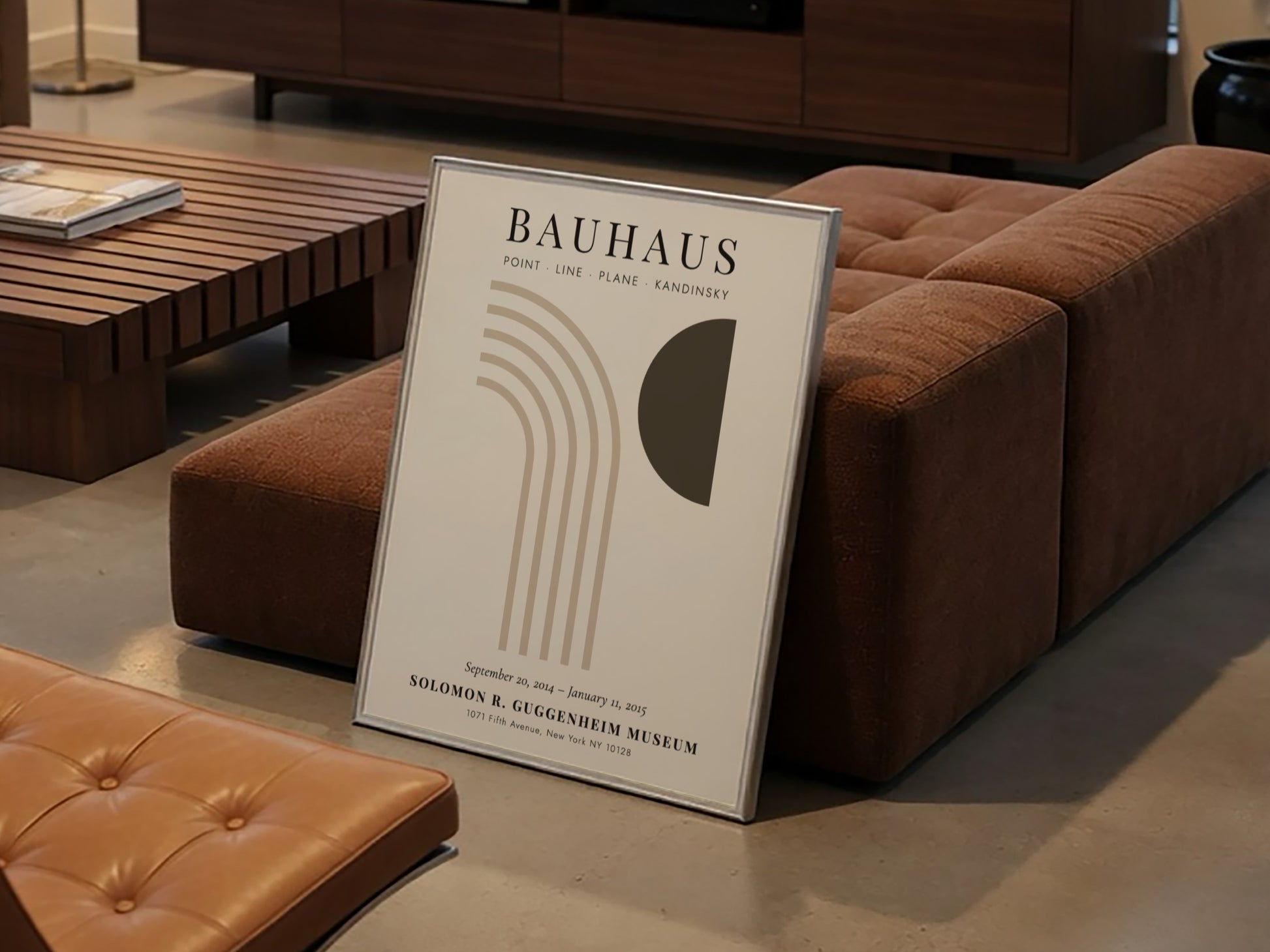 Bauhaus poster featuring abstract geometric shapes in muted colors, perfect for modern home decor.