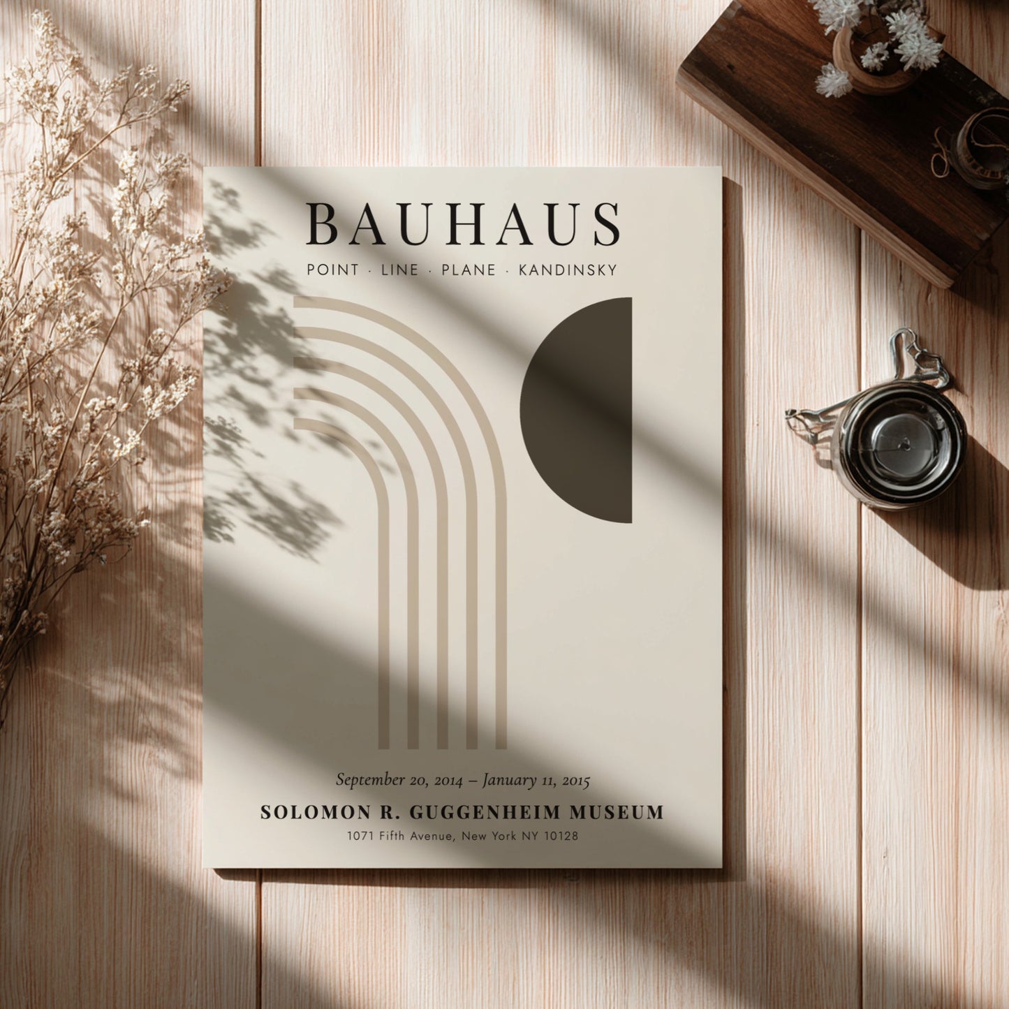 Bauhaus poster featuring abstract geometric shapes in muted colors, perfect for modern home decor.