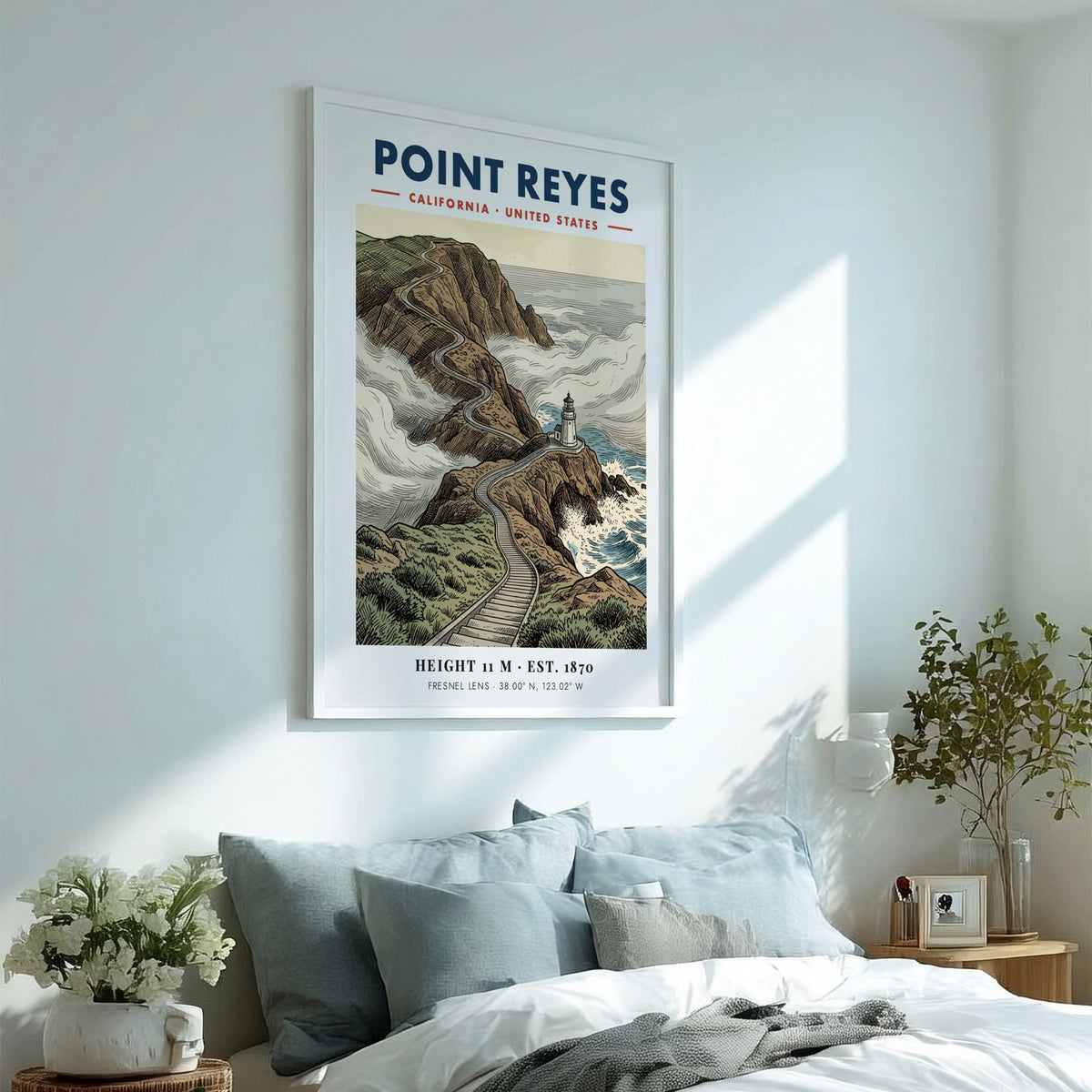 Point Reyes lighthouse poster showing a winding cliff path and misty blue ocean waves.