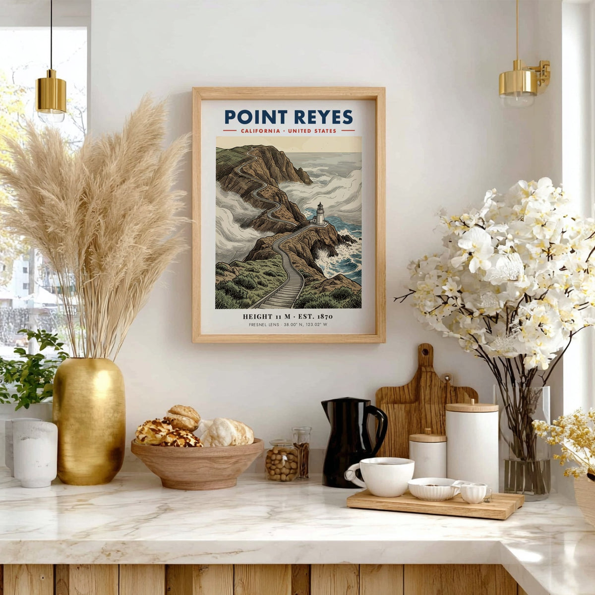 Point Reyes lighthouse poster showing a winding cliff path and misty blue ocean waves.