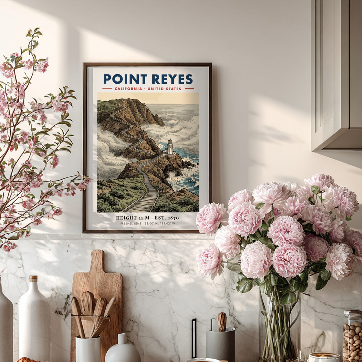 Point Reyes lighthouse poster showing a winding cliff path and misty blue ocean waves.