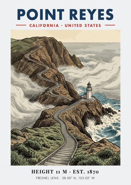 Point Reyes lighthouse poster showing a winding cliff path and misty blue ocean waves.