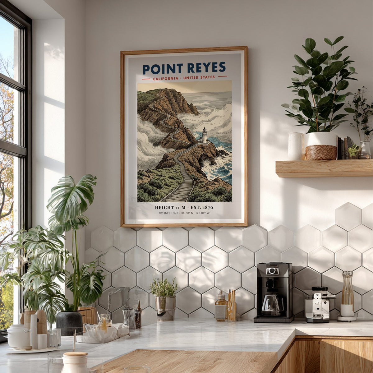 Point Reyes lighthouse poster showing a winding cliff path and misty blue ocean waves.