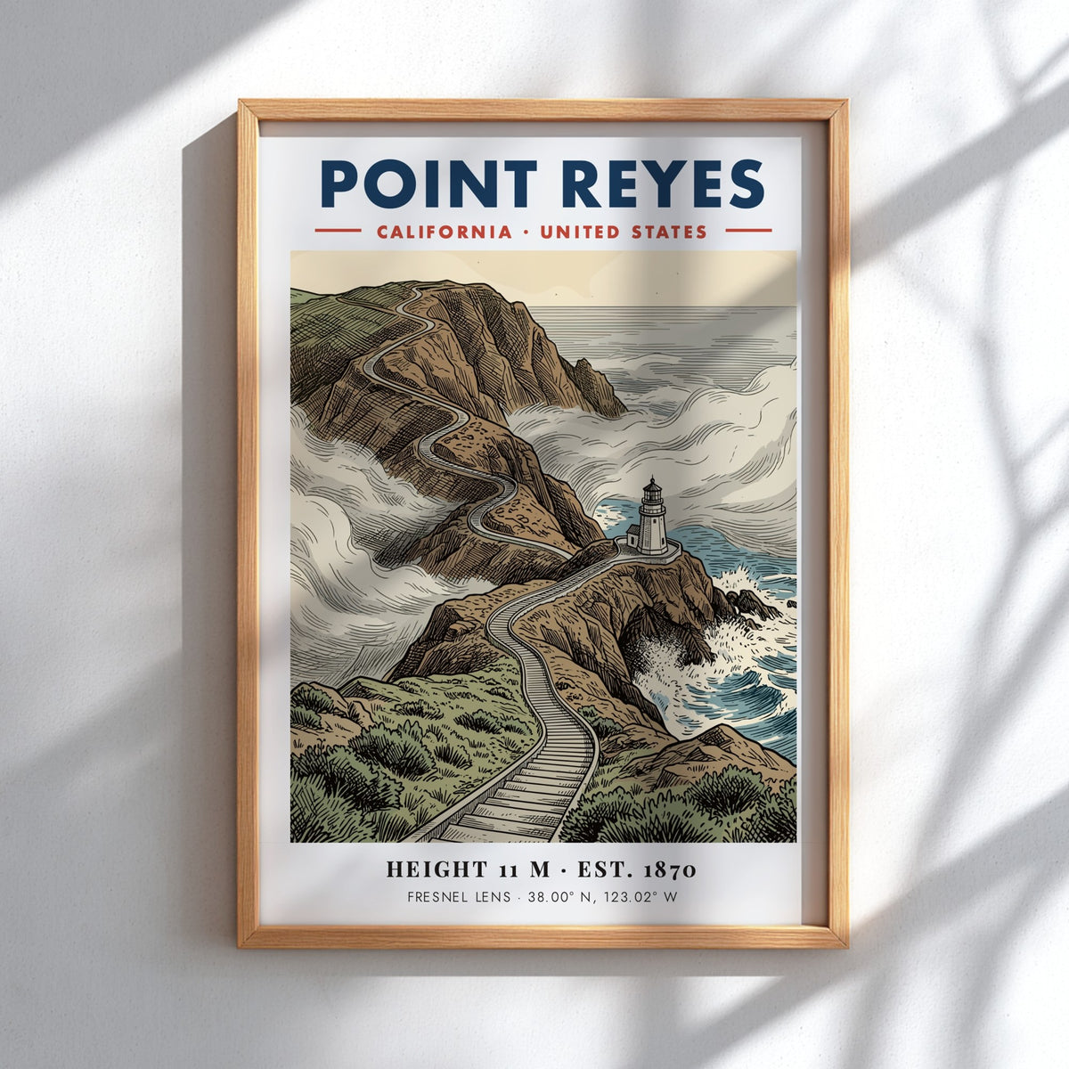 Point Reyes lighthouse poster showing a winding cliff path and misty blue ocean waves.