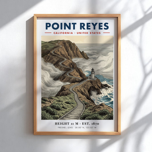 Point Reyes lighthouse poster showing a winding cliff path and misty blue ocean waves.