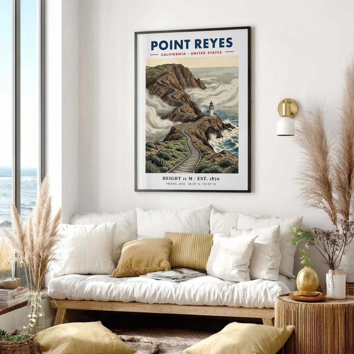 Point Reyes lighthouse poster showing a winding cliff path and misty blue ocean waves.