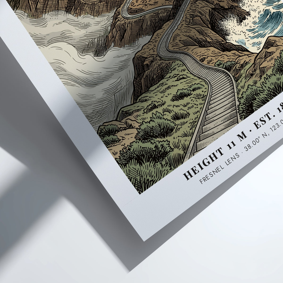 Point Reyes lighthouse poster showing a winding cliff path and misty blue ocean waves.