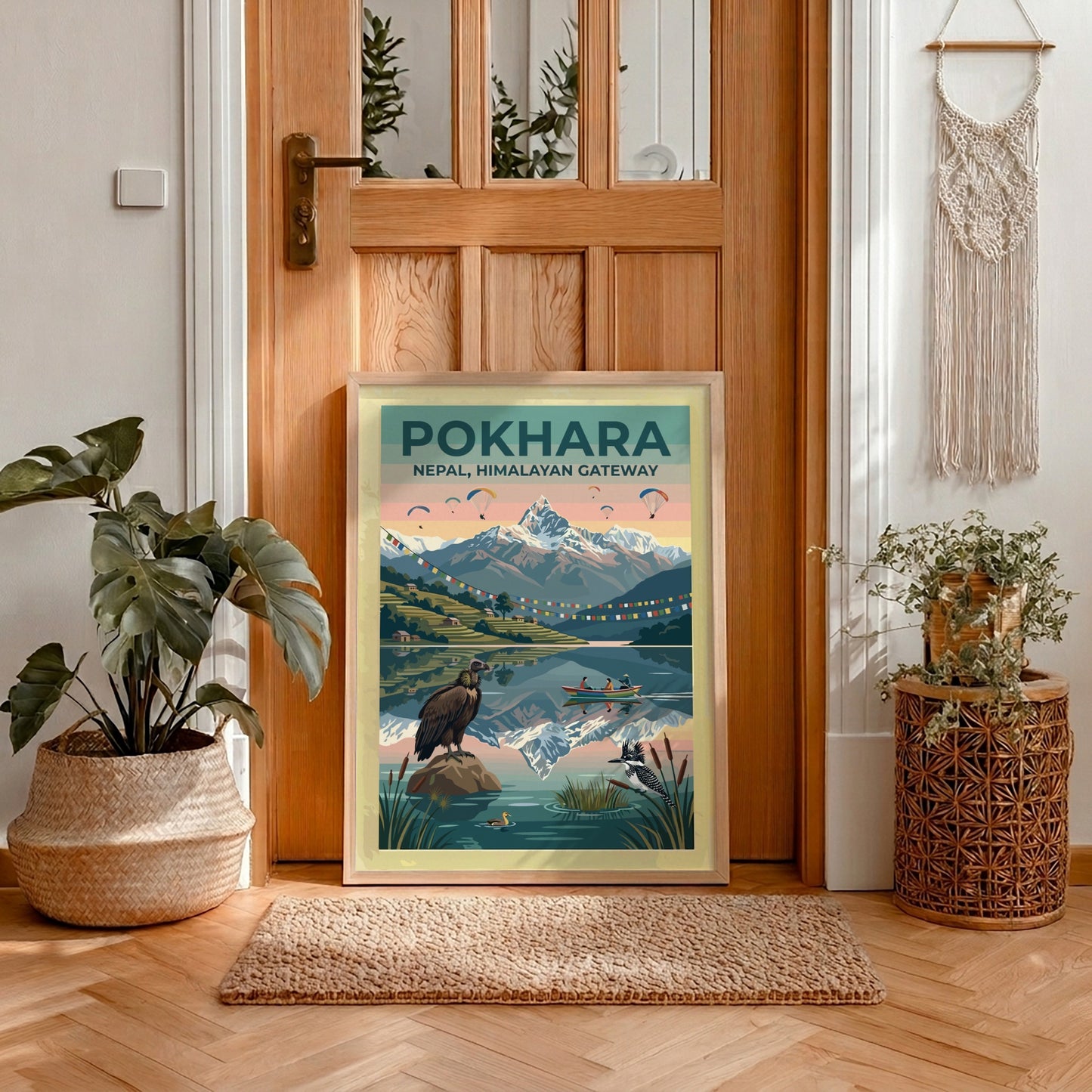 Pokhara Himalayan Gateway travel poster featuring snowy mountains, prayer flags, paragliders, and local