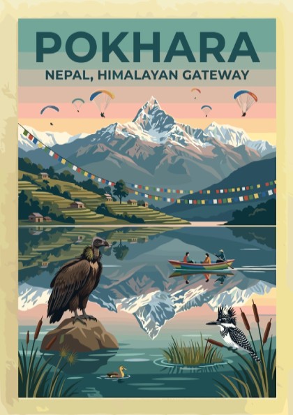Pokhara Himalayan Gateway travel poster featuring snowy mountains, prayer flags, paragliders, and local