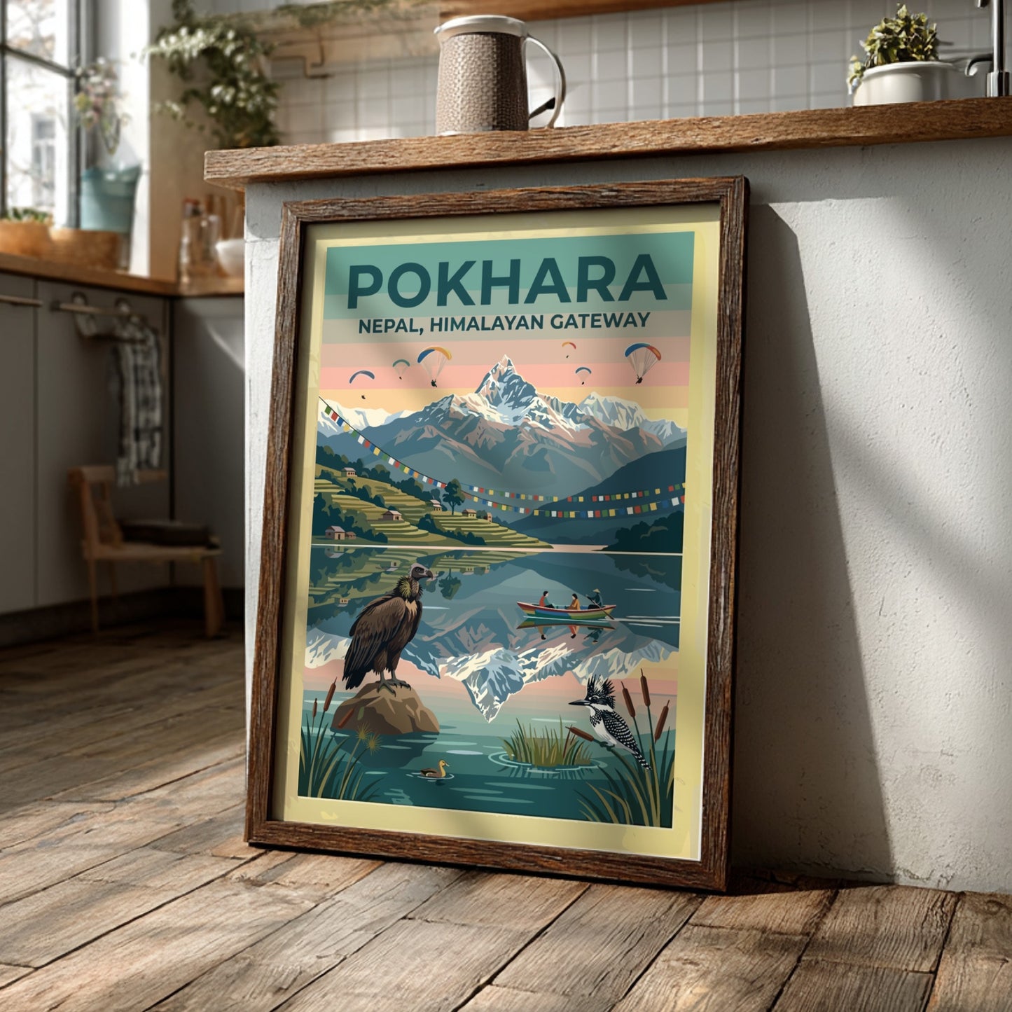 Pokhara Himalayan Gateway travel poster featuring snowy mountains, prayer flags, paragliders, and local