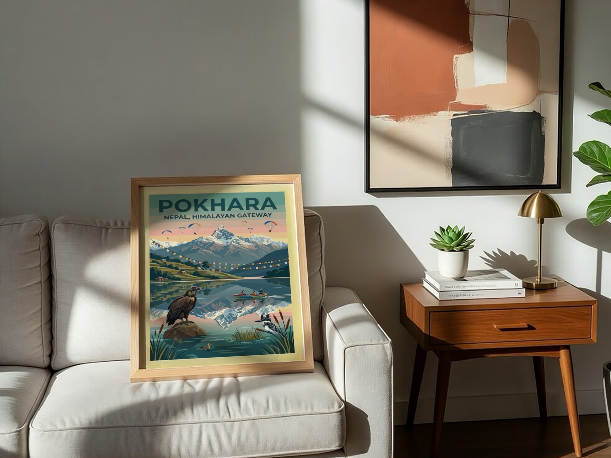 Pokhara Himalayan Gateway travel poster featuring snowy mountains, prayer flags, paragliders, and local