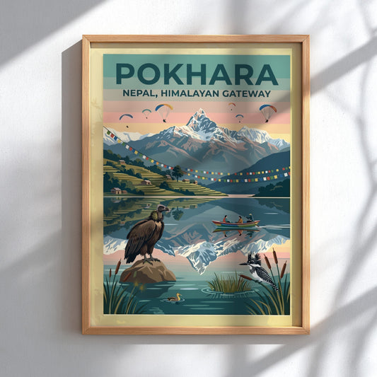 Pokhara Himalayan Gateway travel poster featuring snowy mountains, prayer flags, paragliders, and local