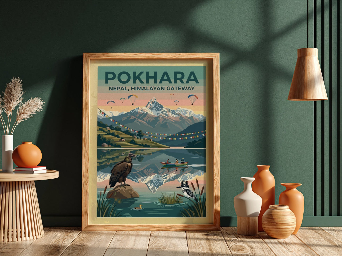 Pokhara Himalayan Gateway travel poster featuring snowy mountains, prayer flags, paragliders, and local