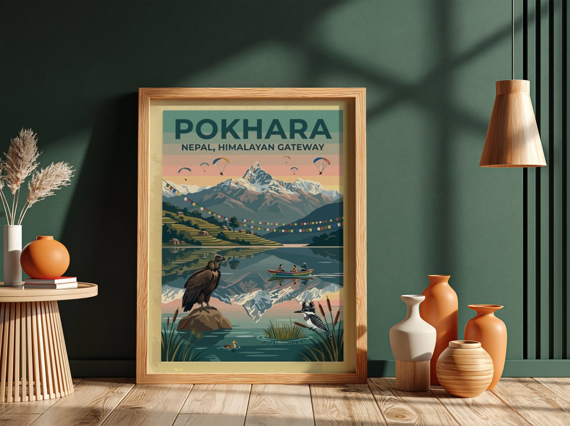 Pokhara Himalayan Gateway travel poster featuring snowy mountains, prayer flags, paragliders, and local